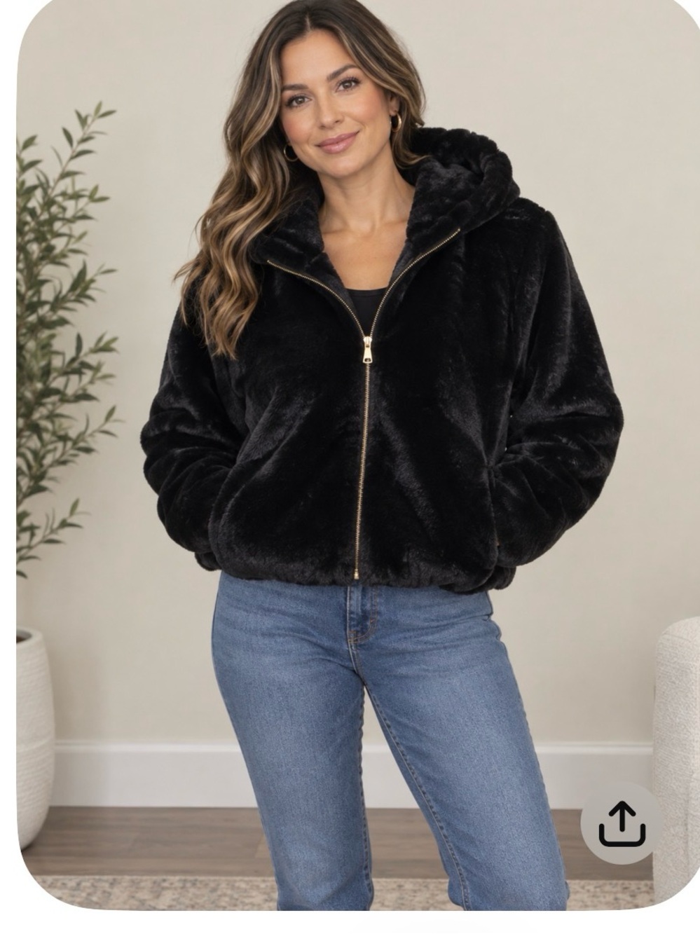 Plush Hooded Zip faux fur Jacket in Black